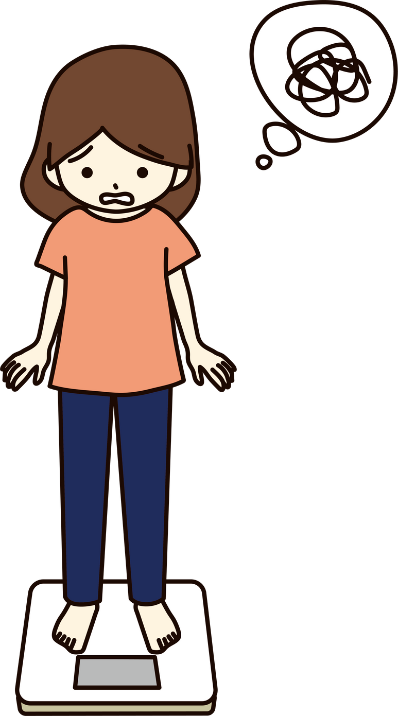 A woman who is disappointed by gaining weight. A woman riding on a scale.